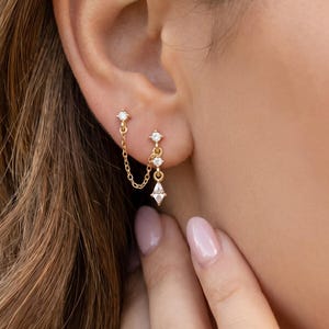 18K gold filled dubbele piercing ketting oorbel sierlijke CZ ruit connector Stud minimalistische gouden eendelige sieraden een paar cadeaus voor haar