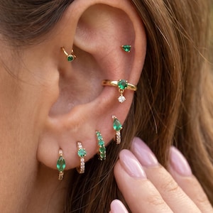 18K Gold Filled 7 Piece Emerald Green CZ Earring Set, Marquise and Teardrop Huggie Hoops, Pear Stud, Ear Stack Jewelry