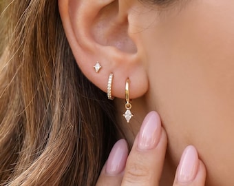 18 kt gold filled 3 stks oorbellen set, sierlijke diamanten stud en knuffelring set, minimalistische gouden oorstapel, CZ drop oorbellen, alledaags