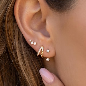 18K Gold CZ Ear Stack Set Three-Piece Stud Earrings Huggie Hoop & cz Studs Dainty Minimalist Gift for Her