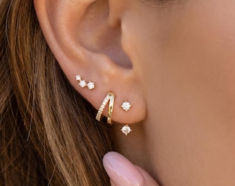 Elegante set di 3 orecchini in oro 18 carati, orecchini a cerchio a doppio strato, orecchini a perno e solitario fronte/retro, trio minimalista impilabile