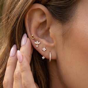 Puede incluir: Una colección de pendientes dorados, que incluye un aro pequeño, una media luna y varios diseños de tachuelas con piedras preciosas transparentes. Los pendientes se muestran en una oreja, mostrando sus delicados detalles y su apariencia brillante. La joyería es elegante y adecuada para el uso diario.