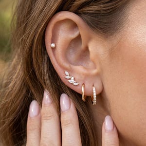 May include: An ear featuring several gold earrings. A small pearl stud, a cluster of clear stones in a leaf design, a plain hoop, and a hoop with small, clear stones are shown. The skin tone is fair.