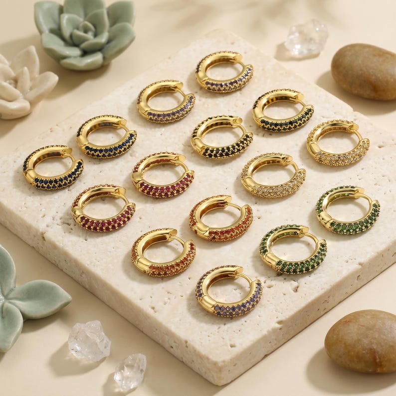 Turquoise Ear Stack 18K Gold Filled CZ Pavé Huggie Hoop Earrings, Dainty Sparkle Gold Ear ...