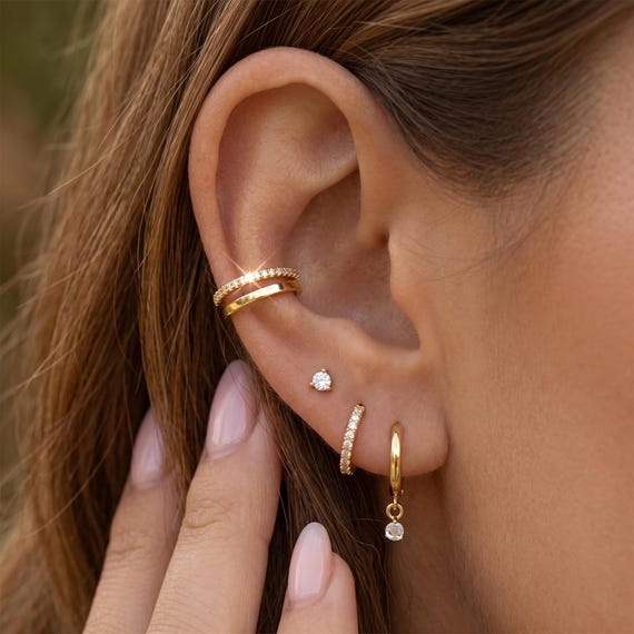 18K Gold Filled 4-Piece Ear Stack Set Ear Cuff CZ Hoop Stud Drop Earrings Dainty Minimalist Jewelry Gift for Her
