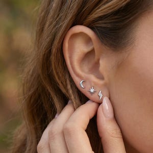 18K Gold Filled Celestial Stud Earring Set, 3-Piece Moon Star Lightning CZ Stud Earrings, Dainty Minimalist Ear Stack Jewelry Gift for Her image 2