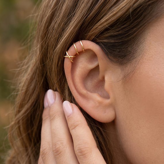 18K Gold Filled 2-Piece Ear Cuff Set, Dainty CZ Ear Clips, Minimal Cartilage Cuff Earrings, Non Piercing Jewelry Gift