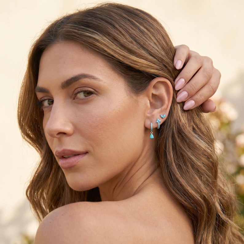 18K Gold Filled Turquoise Ear Stack Set, Huggie Hoop Stud & Drop Earrings, Boho Dainty Minimal Jewelry Gift for Her image 4