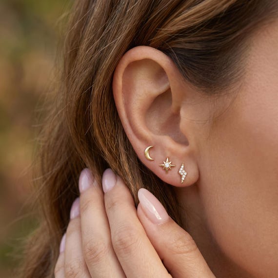 18K Gold Filled Celestial Stud Earring Set, 3-Piece Moon Star Lightning CZ Stud Earrings, Dainty Minimalist Ear Stack Jewelry Gift for Her