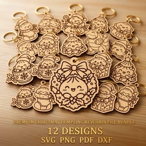 May include: A collection of wooden keychains featuring engraved Christmas-themed dumpling characters, including designs with wreaths, gift boxes, and mugs. The text reads: PREMIUM CHRISTMAS DUMPLING KEYCHAIN FILE BUNDLE 12 DESIGNS SVG PNG PDF DXF.