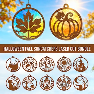 Puede incluir: Una colección de atrapasoles circulares de madera cortada con láser con diseños de otoño y Halloween que incluyen hoja de arce, calabaza, caldero, bellota, árbol, girasol, casa encantada, gato, linterna y luna. Texto: HALLOWEEN FALL SUNCATCHERS LASER CUT BUNDLE.