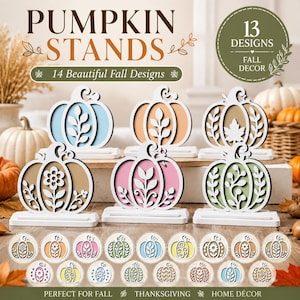 May include: A collection of decorative pumpkin stands featuring 13 designs for autumn decor. The set includes various wooden pumpkin cutouts in colours like blue, orange, tan, pink, and green, each mounted on a white rectangular base for display.