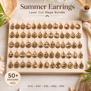 May include: A collection of over 50 laser-cut wooden teardrop earrings displayed on a wooden board. The earrings feature various summer-themed cutouts including palm trees, waves, anchors, and suns. Text reads Summer Earrings Laser Cut Mega Bundle.