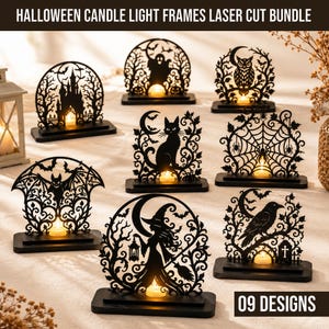 Puede incluir: Un conjunto de nueve marcos de luz para velas de Halloween cortados con láser en negro, con siluetas intrincadas de castillo encantado, fantasma, búho, gato, telaraña, murciélago, bruja y cuervo, sobre bases con velas de té pequeñas.