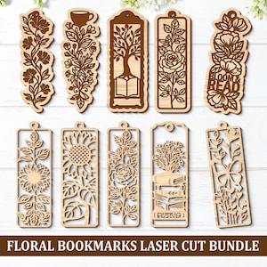 Könnte beinhalten: Ein Set aus zehn hellen Holzlesezeichen mit komplexen Laserschnitt-Designs, darunter Blumenmuster, ein Baum, der aus einem offenen Buch wächst, eine Kaffeetasse und ein Bücherstapel. Ein Lesezeichen enthält den Text BLOOM & READ.