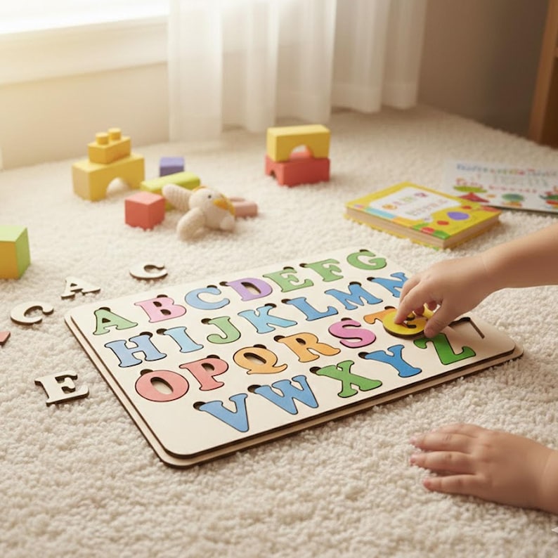 May include: Wooden alphabet puzzle with colorful letters. A child's hand places a yellow letter into the corresponding slot. Other wooden toys and a book are scattered on a white carpet.
