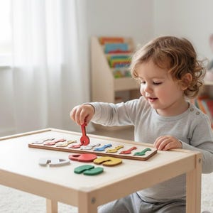 K&ouml;nnte beinhalten: Ein Kind spielt mit einem Holzpuzzle mit Musikinstrumenten. Das Puzzle zeigt farbenfrohe, geformte Teile, darunter rote, gelbe, blaue und gr&uuml;ne Instrumente, auf einer hellbraunen Holzbasis. Das Kind h&auml;lt ein rotes Teil.