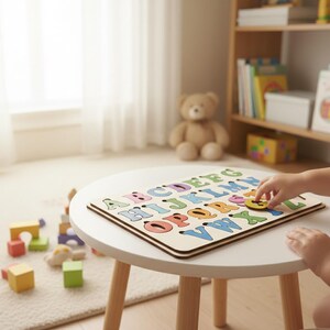 May include: Wooden alphabet puzzle with colorful letters on a white table. A child's hand is placing a letter into the puzzle. The room has a neutral color palette with a teddy bear and wooden blocks.