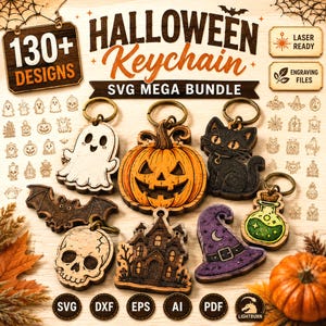 May include: A digital graphic displaying a Halloween keychain SVG mega bundle with 130+ designs. Featured wooden keychain examples include a white ghost, orange pumpkin, black cat, brown bat, skull, haunted house, purple witch hat, and green potion.