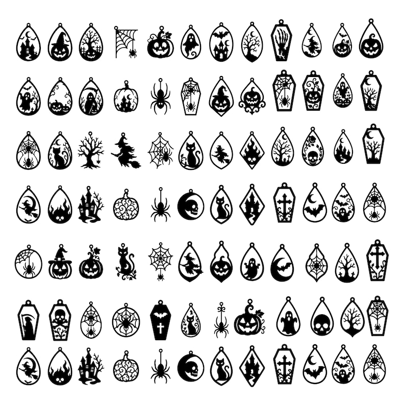 Puede incluir: Una colecci&oacute;n de colgantes negros cortados con l&aacute;ser que presentan varias siluetas con tem&aacute;tica de Halloween, incluyendo calabazas, fantasmas, gatos, ara&ntilde;as, telara&ntilde;as, calaveras, casas encantadas, brujas, murci&eacute;lagos y ata&uacute;des.