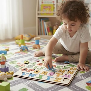 May include: A child playing with a wooden alphabet puzzle. The puzzle has colorful letters and is on a light-colored wooden board. Other wooden toys and blocks are scattered around on a road-themed play mat.