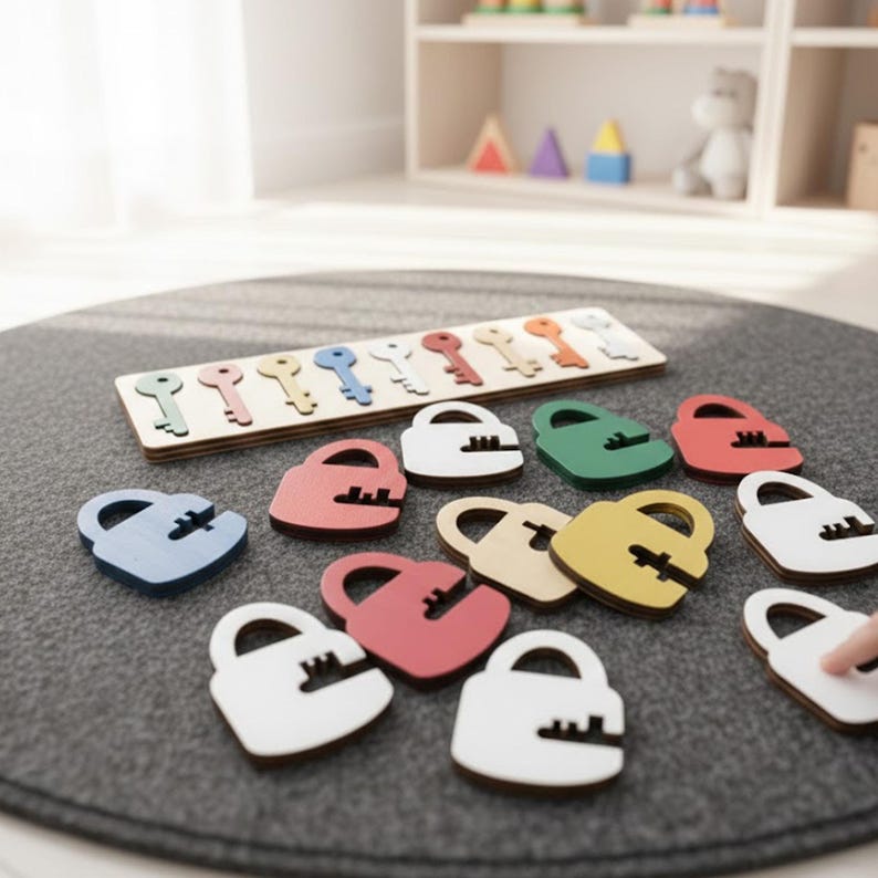 K&ouml;nnte beinhalten: Ein Holz-Lernspielzeug mit einem Puzzlespielbrett und Schl&uuml;sseln sowie herzf&ouml;rmigen Schl&ouml;ssern in verschiedenen Farben. Die Schl&uuml;ssel und Schl&ouml;sser sind in verschiedenen Farben gehalten, darunter Rot, Gr&uuml;n, Gelb und Blau. Das Spielzeug ist f&uuml;r Kinder konzipiert.