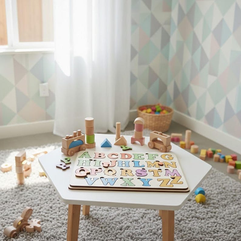 May include: A white table with wooden toys, including a train, blocks, and an alphabet puzzle. The alphabet puzzle has colorful letters. The table is on a gray rug in a room with a geometric patterned wall.