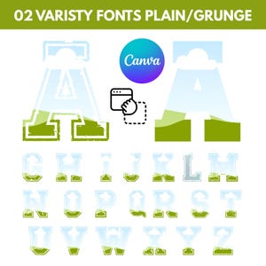 May include: A digital graphic set titled 02 VARISTY FONTS PLAIN/GRUNGE featuring the alphabet letters A through Z. Each letter displays a sky blue background with white clouds and a green grassy landscape, presented in both plain and grunge styles.
