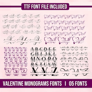 Op de afbeelding: Een digitaal ontwerp met verschillende monogramlettertypen met Valentijnsthema. De afbeelding toont verschillende letterstijlen, waaronder hartvormen en bloemaccenten. Tekst bovenaan luidt "TTF FONT FILE INCLUDED" en onderaan "VALENTINE MONOGRAMS FONTS | 05 FONTS".