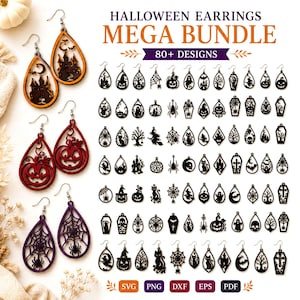 May include: A digital collection of Halloween earring designs featuring over 80 laser-cut style patterns in teardrop and geometric shapes. The set includes motifs like pumpkins, ghosts, spiders, webs, cats, and haunted houses in black, orange, and purple.