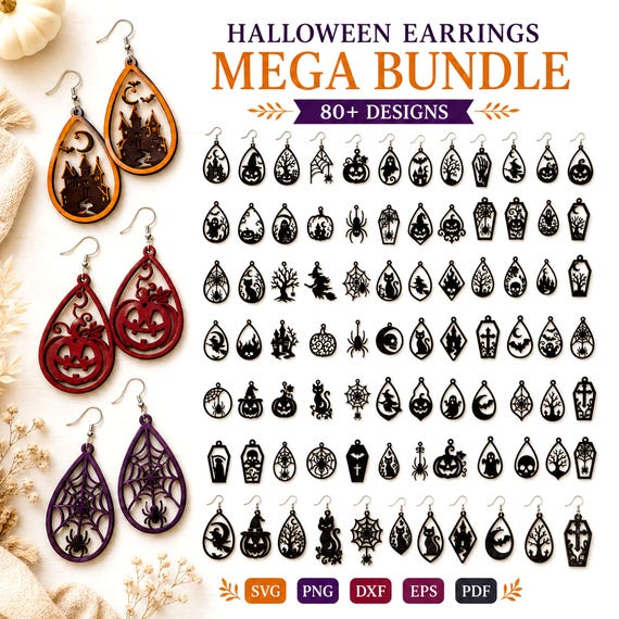 Halloween Earrings Laser Cut Bundle, Autumn Earrings, Halloween Earrings SVG, Wood Earring Svg, Ghost Earrings Svg, Witch Hat Earrings