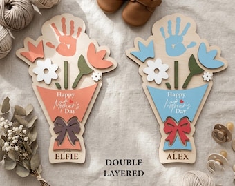 Handabdruck Blumenstrauß SVG, Muttertag Laser geschnitten Datei, geschichtetes Holzschild, Kinder Basteln, DIY personalisierte Mutter Geschenk, Handabdruck Handwerk