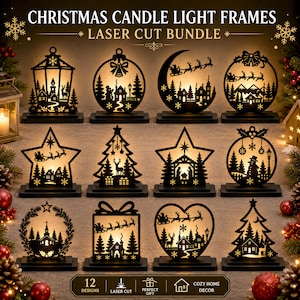 May include: A collection of 12 black laser-cut Christmas candle light frames featuring festive silhouettes like Santa, reindeer, trees, and nativity scenes. The text CHRISTMAS CANDLE LIGHT FRAMES LASER CUT BUNDLE is displayed at the top of the image.