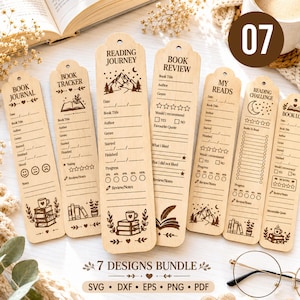 May include: A set of seven light-colored wooden bookmarks featuring laser-engraved text and illustrations. Each bookmark includes specific sections for tracking reading progress, book reviews, and journals, with icons of books, mountains, and coffee cups.