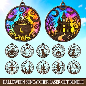 May include: A collection of circular laser-cut wooden ornaments featuring Halloween motifs including a cauldron, haunted house, pumpkin, ghost, cat, skull, spiderweb, scarecrow, graveyard, witch, and raven, with colorful stained-glass style inserts.