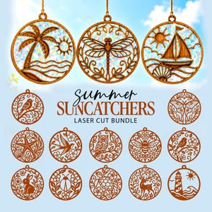 May include: A collection of circular laser-cut wooden ornaments featuring intricate designs like palm trees, dragonflies, sailboats, birds, owls, and sea life. The text reads summer SUNCATCHERS LASER CUT BUNDLE. Some ornaments have iridescent inserts.