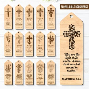 Può includere: Segnalibri biblici floreali in legno con croci incise e citazioni ispiratrici. Ogni segnalibro presenta un design a croce unico e un versetto biblico. I segnalibri sono realizzati in legno chiaro e sono ideali per regali religiosi.