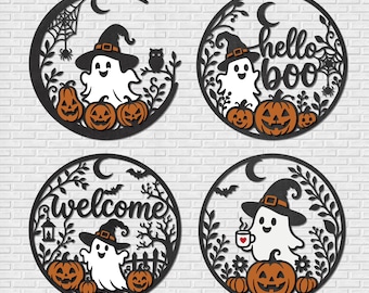 May include: Four circular black wall signs featuring white ghosts wearing orange-buckled hats, orange jack-o'-lanterns, and foliage. One sign says hello boo, another says welcome, and others feature spiderwebs, an owl, a lantern, and a coffee mug.