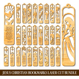 May include: A collection of rectangular wooden bookmarks featuring laser-cut religious imagery and scripture verses. Each bookmark includes a small hole at the top for hanging and displays intricate cutouts of crosses, doves, and biblical figures.