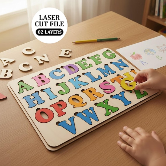 Montessori Alphabet Puzzle Board Laser Cut Files, Montessori Alphabet Puzzle, Wooden ABC Alphabet Puzzle, kids alphabet puzzle svg