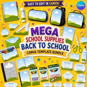 May include: A collection of school supplies featuring a landscape print of green hills and blue skies, including a spiral notebook, pencil case, backpack, lunch bag, scissors, glue, crayons, markers, and labels with the text MEGA SCHOOL SUPPLIES.