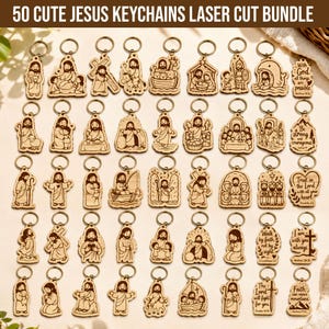 May include: A collection of 50 laser-cut wooden keychains featuring various religious illustrations and inspirational quotes. Each keychain includes a metal ring and depicts scenes such as Jesus with children, biblical stories, and faith-based text.