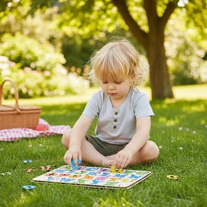 May include: A child sits on the grass, playing with a wooden alphabet puzzle. The puzzle has colorful letters and is surrounded by other wooden shapes. A picnic basket and blanket are in the background.