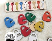 Kids Activity Puzzle SVG, Key and Lock Matching Board Laser Cut File, 2 Layer Montessori Wooden Toddler Learning Toy, Puzzle laser cut