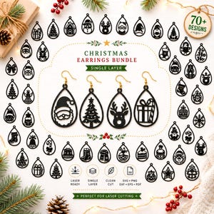 May include: A Christmas earrings bundle featuring over 70 black teardrop-shaped designs with holiday motifs like Santa, trees, reindeer, and gifts. The collection includes four dangling earrings with gold hooks and various digital file formats.