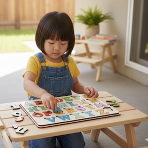 May include: A young child is focused on an alphabet puzzle. The wooden puzzle has colorful letters and numbers. The child is wearing a yellow shirt and denim overalls. The puzzle is on a small wooden table.