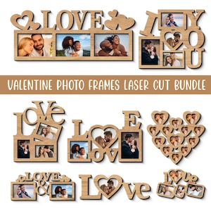 Puede incluir: Una colección de marcos de fotos de madera cortados con láser en varios diseños. Los marcos deletrean "LOVE" e "I LOVE YOU", y presentan formas de corazón. Cada marco contiene múltiples fotos, perfecto para el Día de San Valentín.