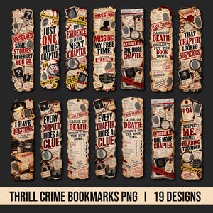 Puede incluir: Una colección de trece marcapáginas rectangulares con temática de investigación criminal, con texturas de papel envejecido, salpicaduras de sangre roja, gráficos de huellas dactilares, lupas y varios textos de investigación como Case Closed y Evidence.