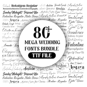 Puede incluir: Gráfico digital que presenta una colección de fuentes para bodas. El elemento central es un círculo blanco con el texto "80+ MEGA WEDDING FONTS BUNDLE TTF FILE" en negro. Varios ejemplos de fuentes rodean el círculo.
