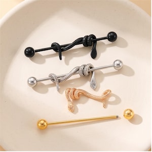 Snake Industrial Barbell, Cartilage Piercing Jewelry, Scaffold Earring, Helix Ear Bar, Snake Ear Jewelry, Punk Gothic Barbell, Ear Piercing